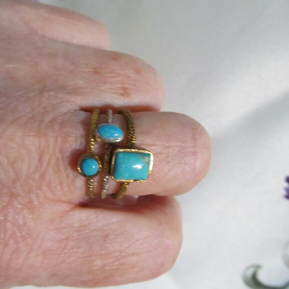 Tehya Oyama Sleeping Beauty & Kingman Turquoise 18K Gold & S over Brass 3 Rings - Picture 2 of 15